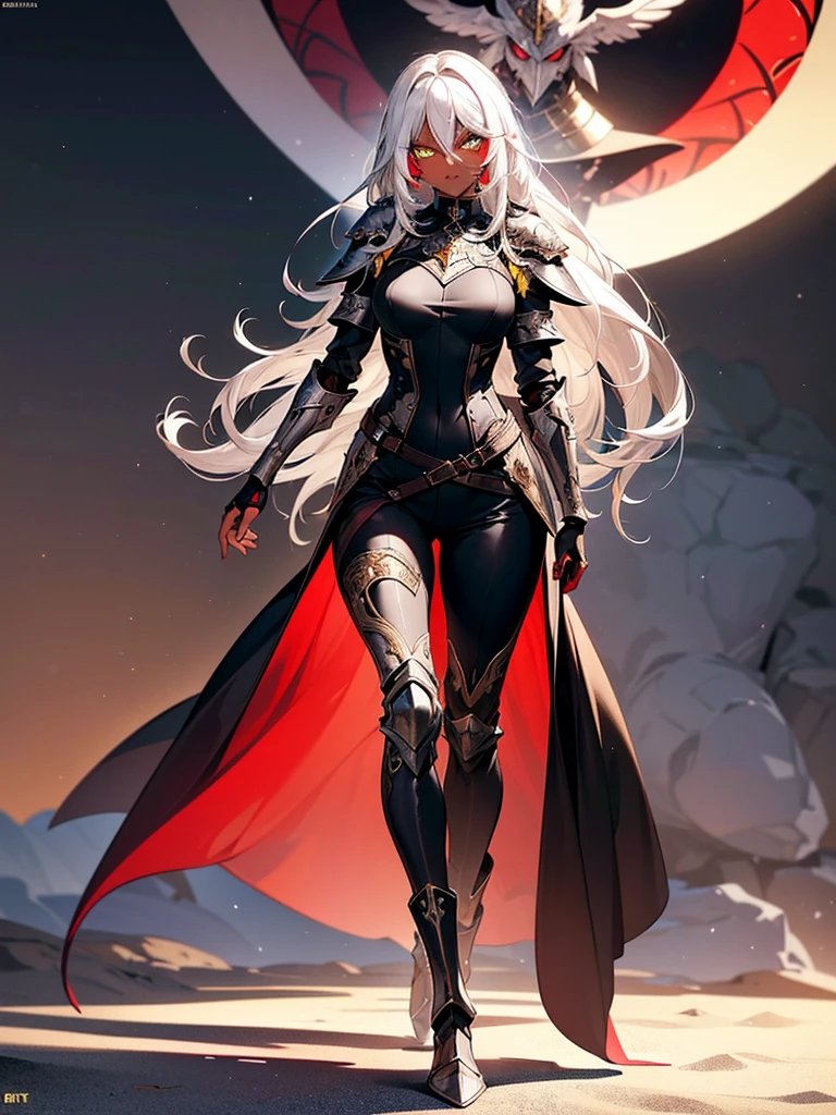 (masterpiece, best quality), (Official art, masterpiece, 8k, ultra-detailed), ultra-detailed, photo of a beautiful 32 year old woman, ((dark skin)), white hair, wearing round glasses on her face, eyes red and yellow, wearing a tight black jumpsuit, with light armor, large, ultra-detailed breasts, (ultra-detailed face), (1 dark-skinned woman), long white hair, ((((Heterochromia in eyes, detailed red and yellow eyes)))), (very detailed eyes: 1,2), (((detailed red and yellow eyes))), heterochromia of red and yellow eyes very well presented, (wearing round glasses on the face very detailed: 1,2), well designed glasses, ((gauntlets and high heel boots)), witch items, belts, (ideal body proportion), ((black jumpsuit with light armor)), ultra detailed character, wallpaper, pinterest, Fantasy Art, (Fantasy art), fantasy scene, (medieval magic village), wallpaper, pinterest, front photo, exterior, cinematic photo, natural light, beach photo, wallpaper, pinterest, badass image, perfect photo, volumetric lighting