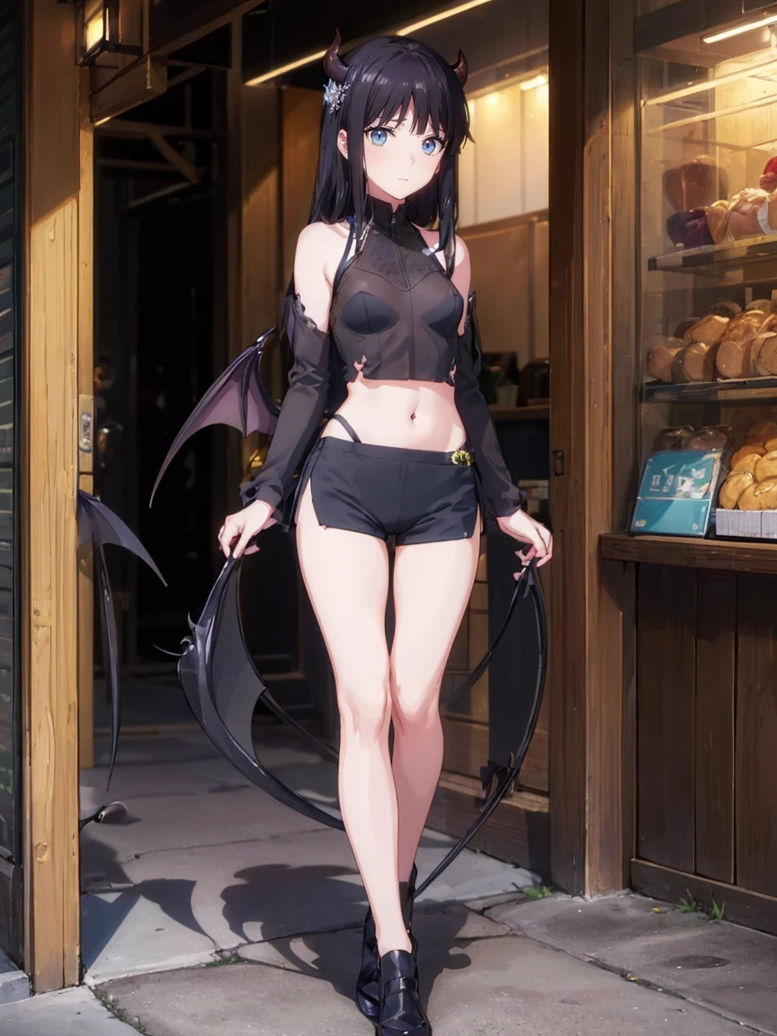 woman,Full body photo, ((Morning shopping street. ))) Best image quality, high quality, The background is clear,きれいなwoman, Japanese, detailed, detailed eyes, detailed skin, Beautiful Skin, 超High resolution, (reality: 1.4),とても美しいwoman, A little younger face, Beautiful Skin, thin, (Ultra-photorealism), (High resolution), (8k), (非常にdetailed) (Beautiful and detailed eyes), (非常にdetailed), (detailed face), Displaying the viewer, Fine details, detailed face, Staring straight ahead, Staring straight ahead, Photo Real, Baby Face,Hairstyle: long hair,Blonde、smile,(((Demon、high leg leotard, midriff、 side slit ,breasts out,belly button、Shorts、)))(Flat chested,)(((flat chests,)))((strapless leotard,))hair over one eye, from below,