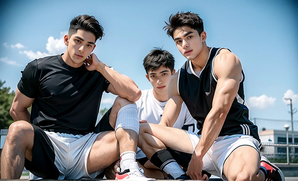 3 young people,Handsome,musculous,hairy bodies,athletic sneakers,White socks,White sports shorts(Detailed eyes:1.3),Black eyes,full bodyesbian,