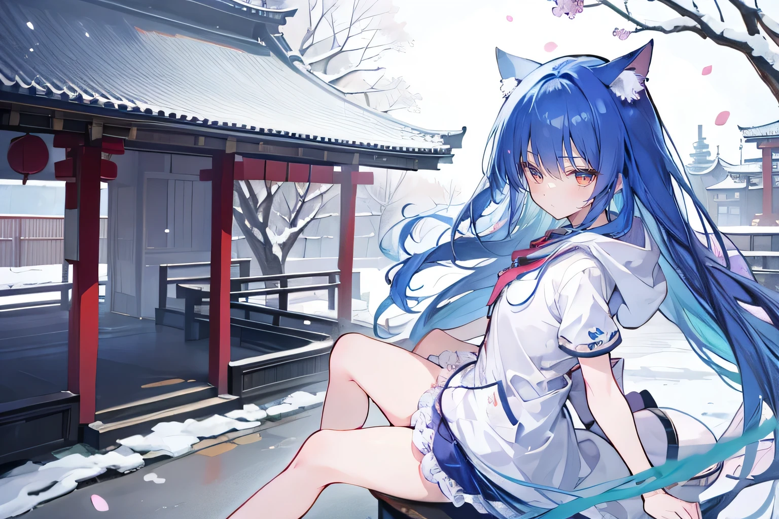 (masterpiece:1.2),Super detailed,lifelike,Expressive eyes,fair skin,perfect face shape,1 girl,
Japanese comics,Gorgeous blue hair,flowing blue hair,flowing clothes,Cat ears,Petals fall,beautiful lola,Baby Angel,
Cross your legs,Gentle and peaceful background,The pavilion is cool and comfortable,smile, wearing hoodie, background of tokyo,back views,snowing, winter.