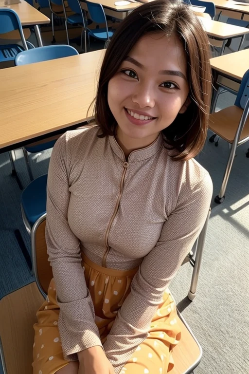 a close up selfie of a woman in a classroom, sitting on a chair in front of a table, sun kissed, warm lighting, daytime, looking at viewer, smiling, (baju kurung:1.2)