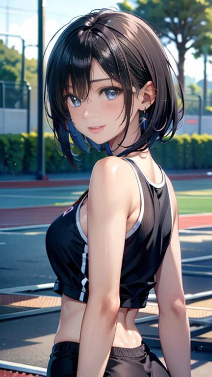(((UHD)), ((highest quality)), ((masterpiece)), (Very detailed), (High resolution), (Beautiful detailed sparkle), (High detail), (Anatomically correct)), ((Realistic)), 8k, 1080P,
(((One Woman))),
(Symmetrical facial features:1.4, Perfect Face), Beautiful clavicle, (Beautiful fingers), (((Beautiful breasts, Slightly smaller chest))),
Beautiful body, Beautiful thighs, Beautiful feet, Perfect round butt, (((Detailed skin, Textured skin, shiny tanned black skin))),
(Baby Face, cute, 18-year-old),
(Expression of fine eyes, Beautiful and delicate eyes, Sparkling eyes, twinkle in the eyes, blue eyes),
(Beautiful Nose,Thin Nose),
(Glossy Lips, Beautiful Lips, thick lips),
(Beautiful Hair, Shiny Hair, Shiny Hair), Hair fluttering, (((Black Hair, short hair))),
BREAK
(track and field uniform:1.4)、
BREAK
(Enchanting、smile、Embarrassed expression、Blushing),
(Character Focus, Cowboy Shot, (turn around:1.2)),
BREAK
((noon、Grounds bathed in sunlight)),