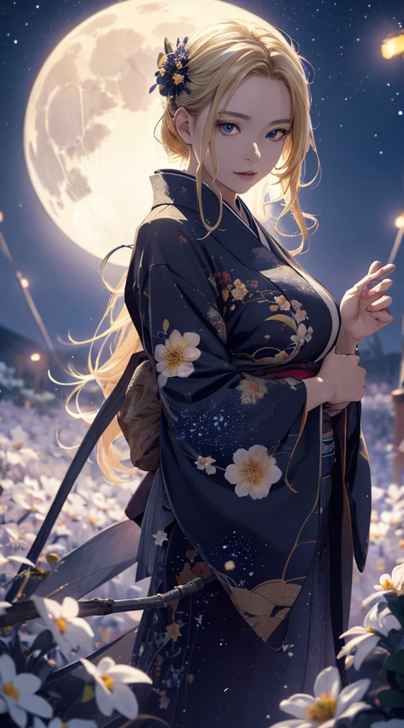 masterpiece, high quality, 4K, Beautiful design, silhouette，blonde， 非常に詳細な夜のStarry Sky,Flower Field， wonderful, Finer details,  Very knowledgeable woman, Highly detailed solo, 1 female,Beautiful Eyes，I like rumors，Big Breasts，kimono，Night view，Starry Sky，full moon，