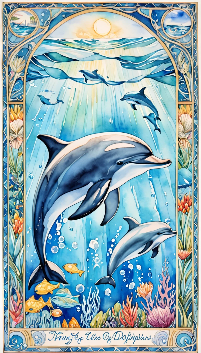 (detailed dolphins,best quality:1.2),watercolor painting,naive art,underwater scene,framed artwork,water elements,king of cups tarot card,king of dolphin,powerful look