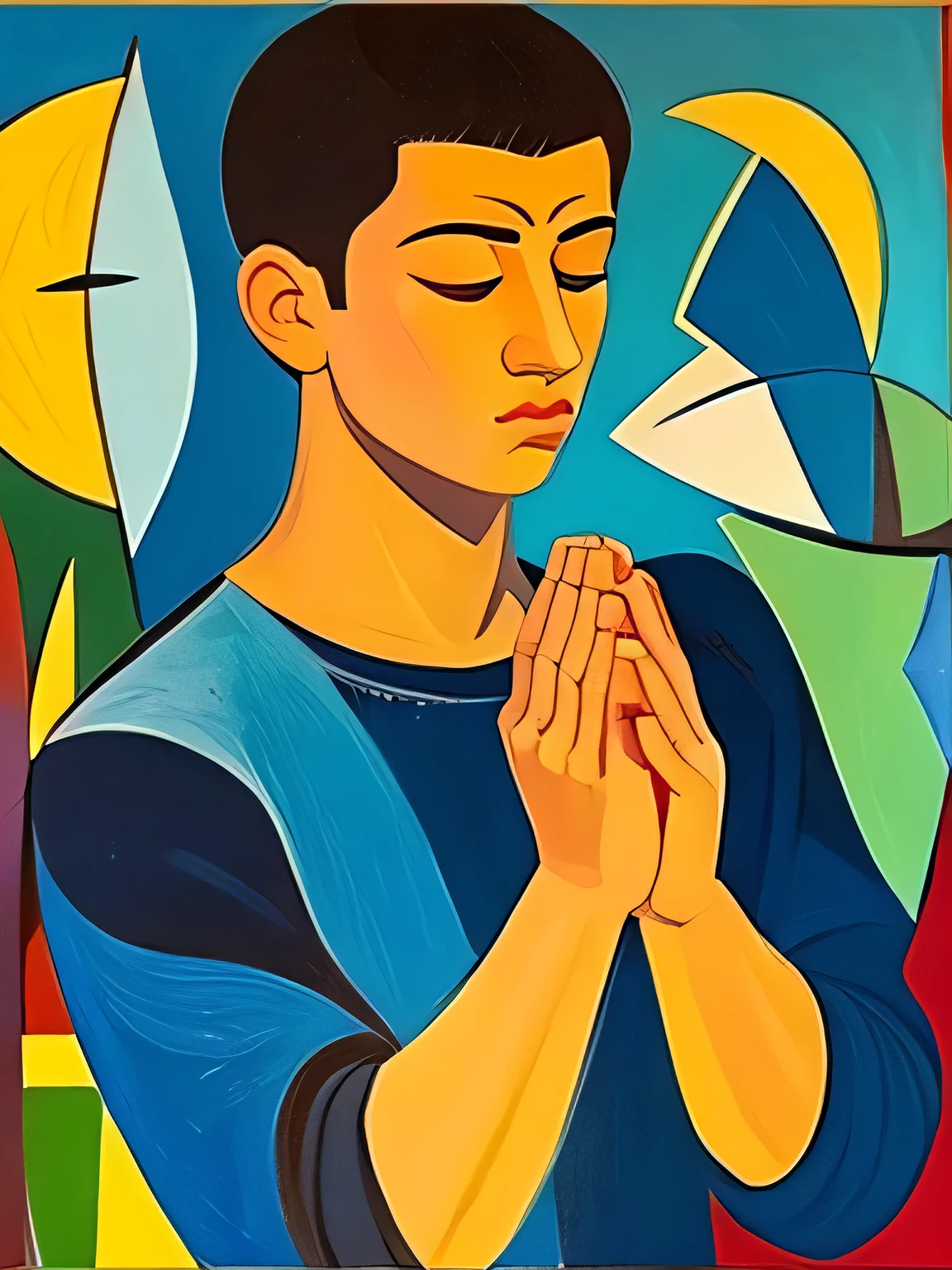 Produce a painting of a young man praying with his hands together in the style of Pablo Picasso.