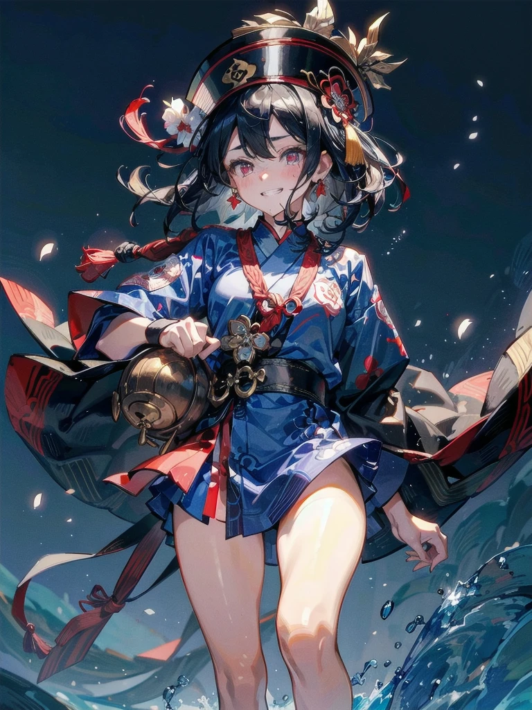 ((Ofuda pasted on the face)), dress, braid, chinese clothes, blue headwear, ofuda, blue skin, jiangshi, qing guanmao, absurdres, RAW photo, extremely delicate and beautiful, masterpiece, Best Quality, ultra high resolution, 32k, hyperrealistic, ultra-detailed, detailed description, pale skin, 20 years old, tearful mole, earring, Colossal tits, short medium hair, wavy hair, evil grin, whole body shot,