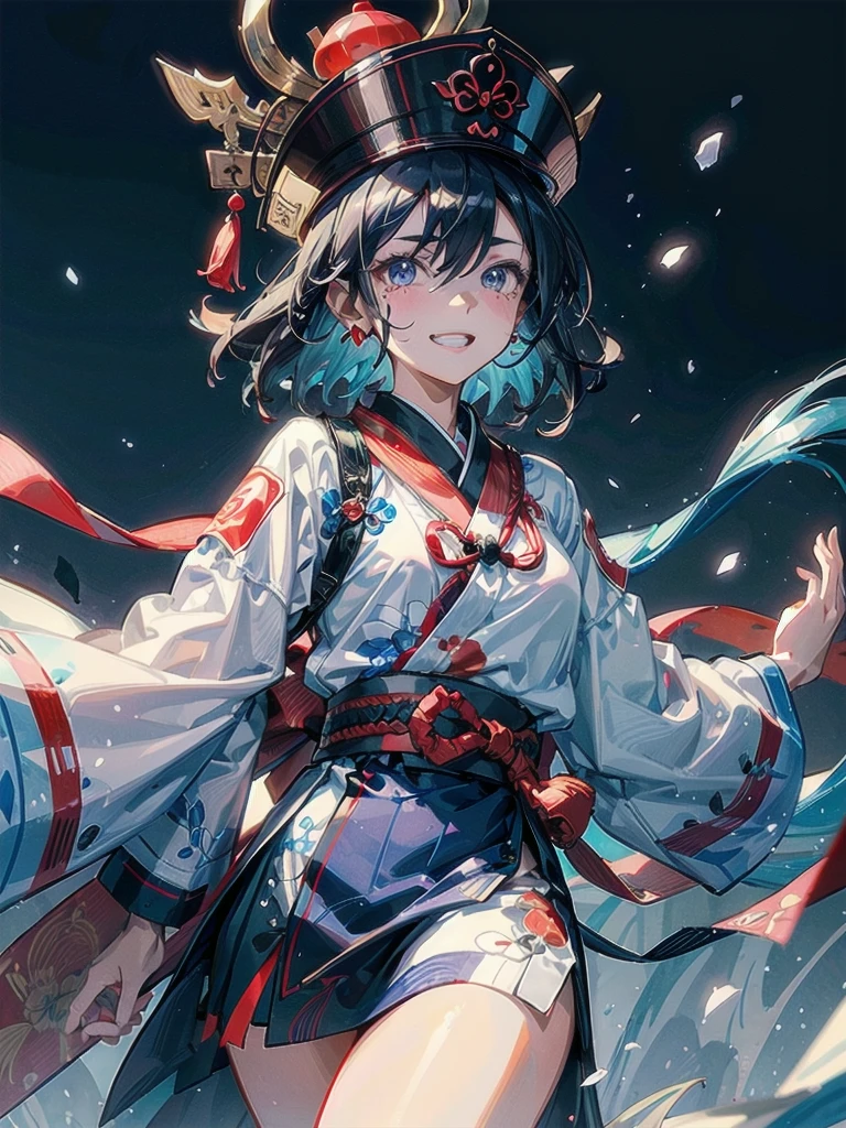 ((Ofuda pasted on the face)), dress, braid, chinese clothes, blue headwear, ofuda, blue skin, jiangshi, qing guanmao, absurdres, RAW photo, extremely delicate and beautiful, masterpiece, Best Quality, ultra high resolution, 32k, hyperrealistic, ultra-detailed, detailed description, pale skin, 20 years old, tearful mole, earring, Colossal tits, short medium hair, wavy hair, evil grin, whole body shot,