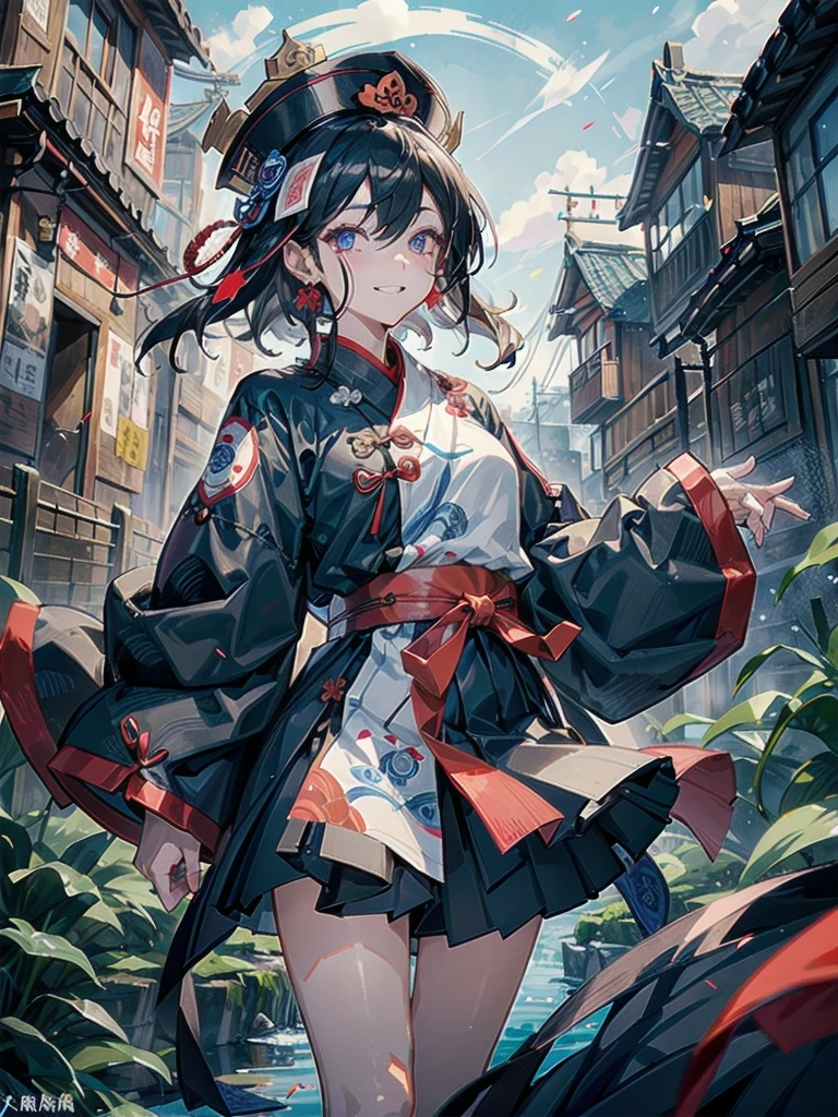 ((Ofuda pasted on the face)), dress, braid, chinese clothes, blue headwear, ofuda, blue skin, jiangshi, qing guanmao, absurdres, RAW photo, extremely delicate and beautiful, masterpiece, Best Quality, ultra high resolution, 32k, hyperrealistic, ultra-detailed, detailed description, pale skin, 20 years old, tearful mole, earring, Colossal tits, short medium hair, wavy hair, evil grin, whole body shot,