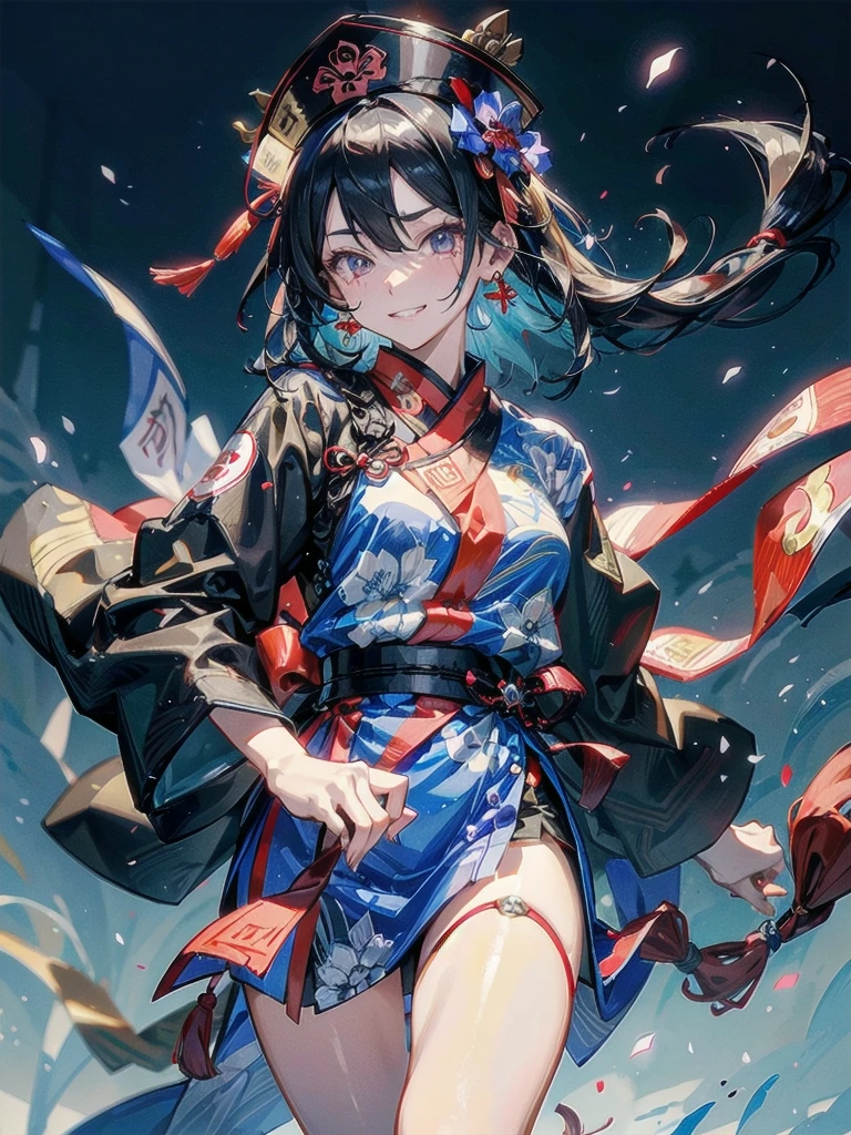 ((Ofuda pasted on the face)), dress, braid, chinese clothes, blue headwear, ofuda, blue skin, jiangshi, qing guanmao, absurdres, RAW photo, extremely delicate and beautiful, masterpiece, Best Quality, ultra high resolution, 32k, hyperrealistic, ultra-detailed, detailed description, pale skin, 20 years old, tearful mole, earring, Colossal tits, short medium hair, wavy hair, evil grin, whole body shot,