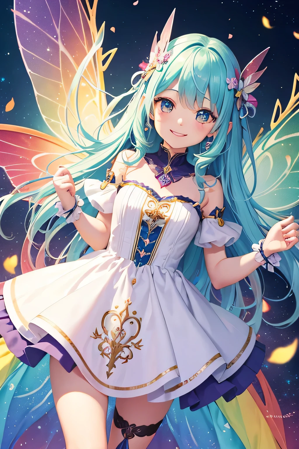 highest quality, 8k, Very detailed, Rainbow colored blurry fairy, break , Watercolor style background with gear shapes in vibrant rainbow colors、smile