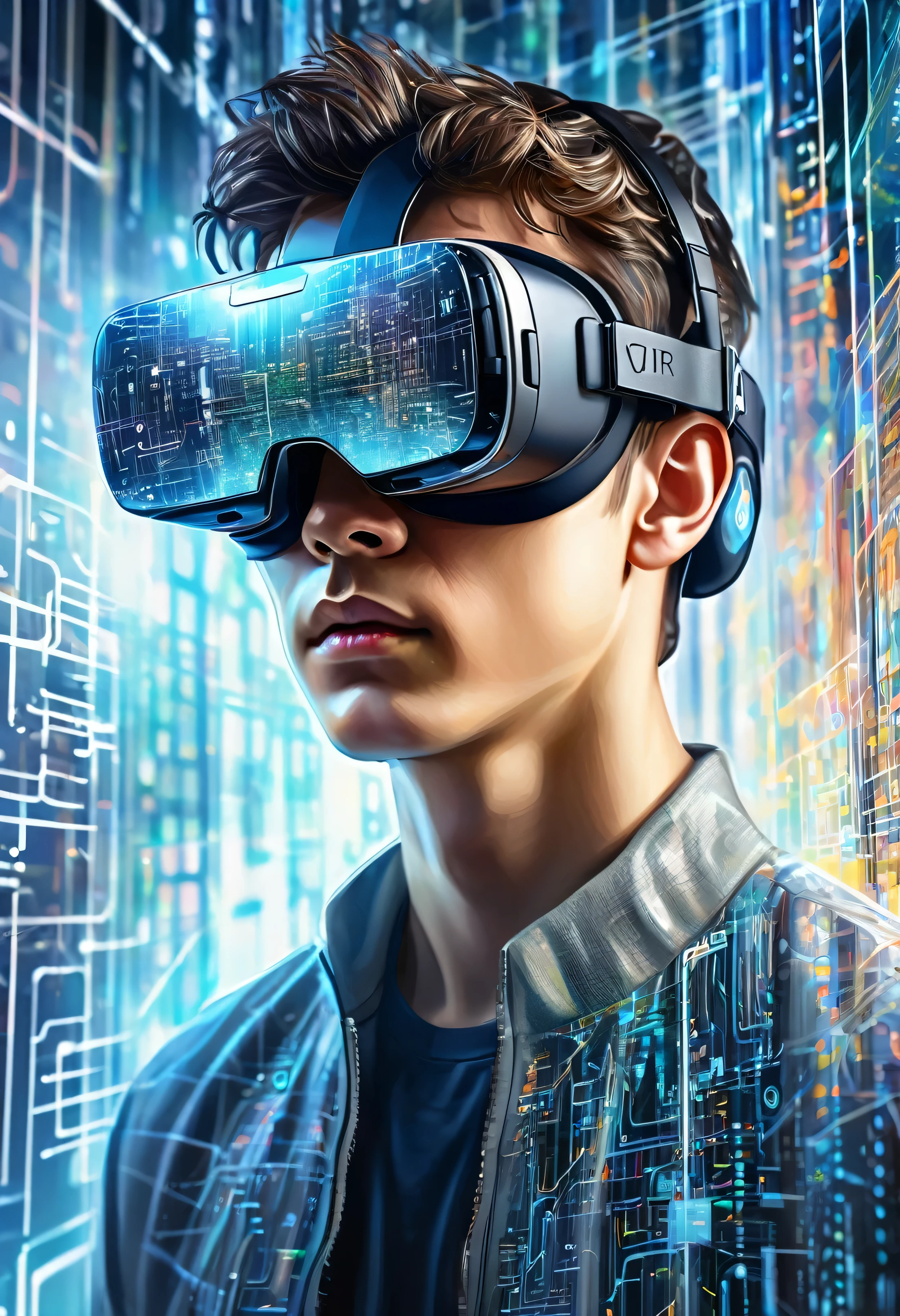 Digital painting, young man wearing VR glasses in a cyber environment, watching a screen, daylight, face reflected in the screen like a mirror, transparent reflected image, face reflected with brain synapses, digital numbers, software code, light colors, high resolution , high detail, realistic style, illustration