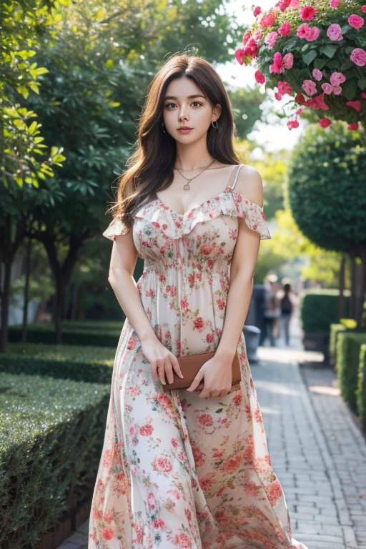 RAW, Best quality, high resolution, masterpiece: 1.3), beautiful 1 woman ,Masterpiece, perfect slim fit body, (Huge breasts), big gorgeous eyes,long hair, brown hair, huge breasts, curvy, pretty, Soft smile, wearing a light red floral dress, long flowery dress, floral, stylish dress, floral art novuea dress,, long dress, necklace, afternoon walk, City garden, Excellent lighting, Bright colors, Clean lines