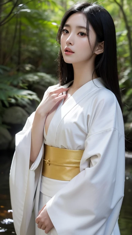 Beautiful Japan woman in white kimono,White skin, Beautiful Face,Skinny body, Very small breasts, nightの青木ヶ原樹海を歩く, Long flowing black hair, Beautiful Eyes, Mysterious Forest, Horror photorealism style, night, There is no way, There's earth beneath my feet, Horror movie atmosphere, A fragile, ghost-like woman