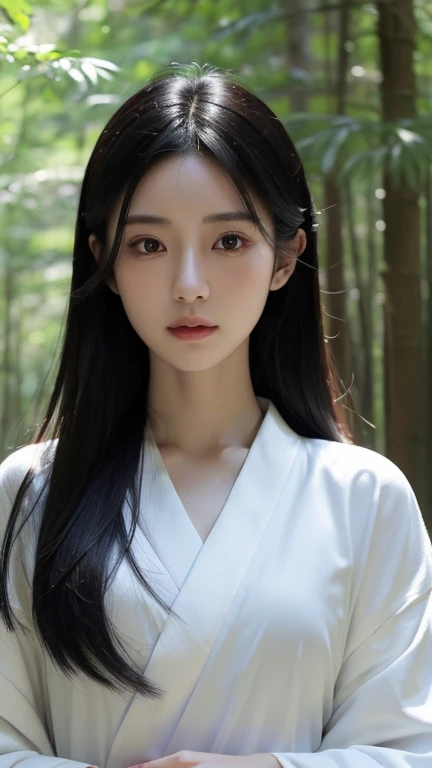 Beautiful Japan woman in white kimono,White skin, Beautiful Face,Skinny body, Very small breasts, nightの青木ヶ原樹海を歩く, Long flowing black hair, Beautiful Eyes, Mysterious Forest, Horror photorealism style, night, There is no way, There's earth beneath my feet, Horror movie atmosphere, A fragile, ghost-like woman