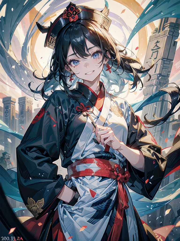 ((Ofuda pasted on the face)), dress, braid, chinese clothes, blue headwear, ofuda, blue skin, jiangshi, qing guanmao, absurdres, RAW photo, extremely delicate and beautiful, masterpiece, Best Quality, ultra high resolution, 32k, hyperrealistic, ultra-detailed, detailed description, pale skin, 20 years old, detailed beautiful face and eyes, tearful mole, earring, Colossal tits, short medium hair, wavy hair, evil grin, cowboy shot,