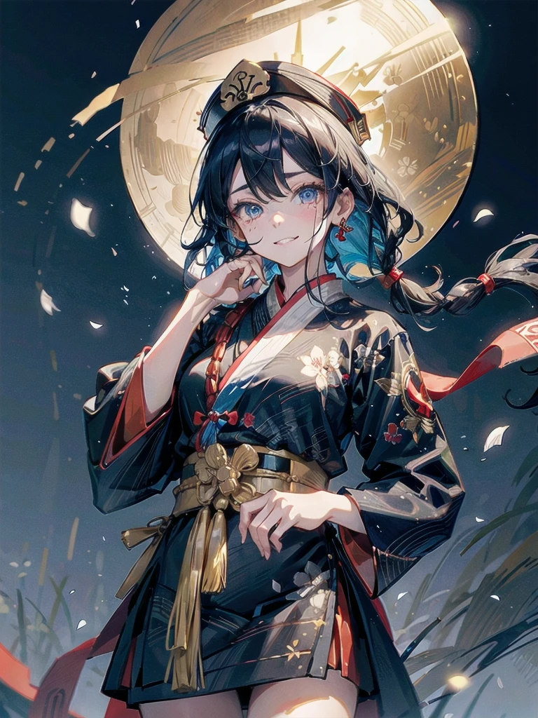 ((Ofuda pasted on the face)), dress, braid, chinese clothes, blue headwear, ofuda, blue skin, jiangshi, qing guanmao, absurdres, RAW photo, extremely delicate and beautiful, masterpiece, Best Quality, ultra high resolution, 32k, hyperrealistic, ultra-detailed, detailed description, pale skin, 20 years old, detailed beautiful face and eyes, tearful mole, earring, Colossal tits, short medium hair, wavy hair, evil grin, cowboy shot,