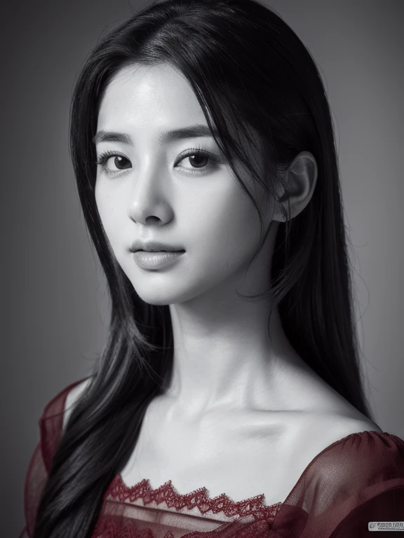 Masterpiece, Best Quality, Photorealsitic, Ultra-detailed, finely detail, high resolution, 8k wallpaper, Professional, high level of detail, ((monochrome photo)), 1girl in, ((Facing the front)), ((Only lips are in Red)), Detailed clavicle, face perfect,some moles in face, straight hair, (look straight at a camera)