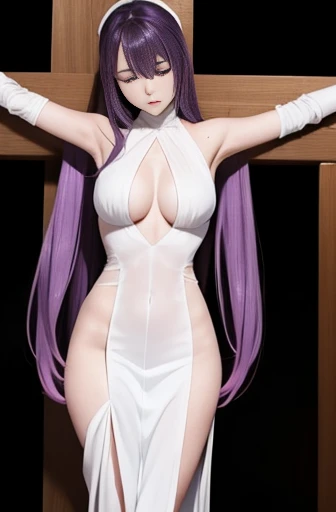 masterpiece Anime Style Crucifixion BDSM Whole body expression bondage SM conversion cross Beautiful woman with very long light purple hair Perfect body Sleeveless white see-through sexy dress、White see-through long skirt Look Down Downcast eyes、defeat、despair Are crying Medium Chest Beautiful legs Pitch Black Hell Dark fantasy