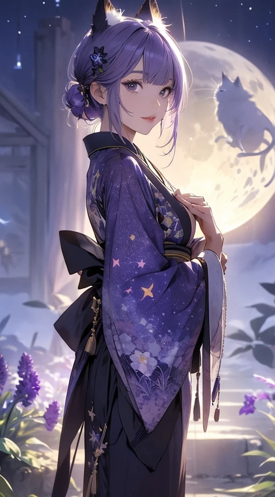 masterpiece, high quality, 4K, Beautiful design, silhouette，Light purple hair， 非常に詳細な夜のStarry Sky,Flower Field， wonderful, Finer details,  Very knowledgeable woman, Highly detailed solo, 1 female,Cat ear，Big Breasts，kimono，Night view，Starry Sky，full moon，