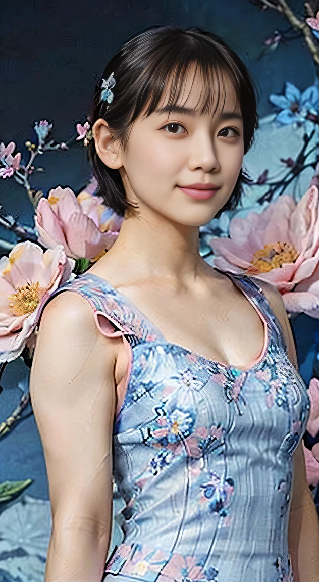 (20-year-old princess,is standing), (A hyper-realistic), (masutepiece), ((short-hair:1.46)), (Smooth black hair), (Breast:1.0), (kindly smile:0.9), (Blue and pink Floral short Dress:1.46), Majestic Palace, Orange Lipstick,