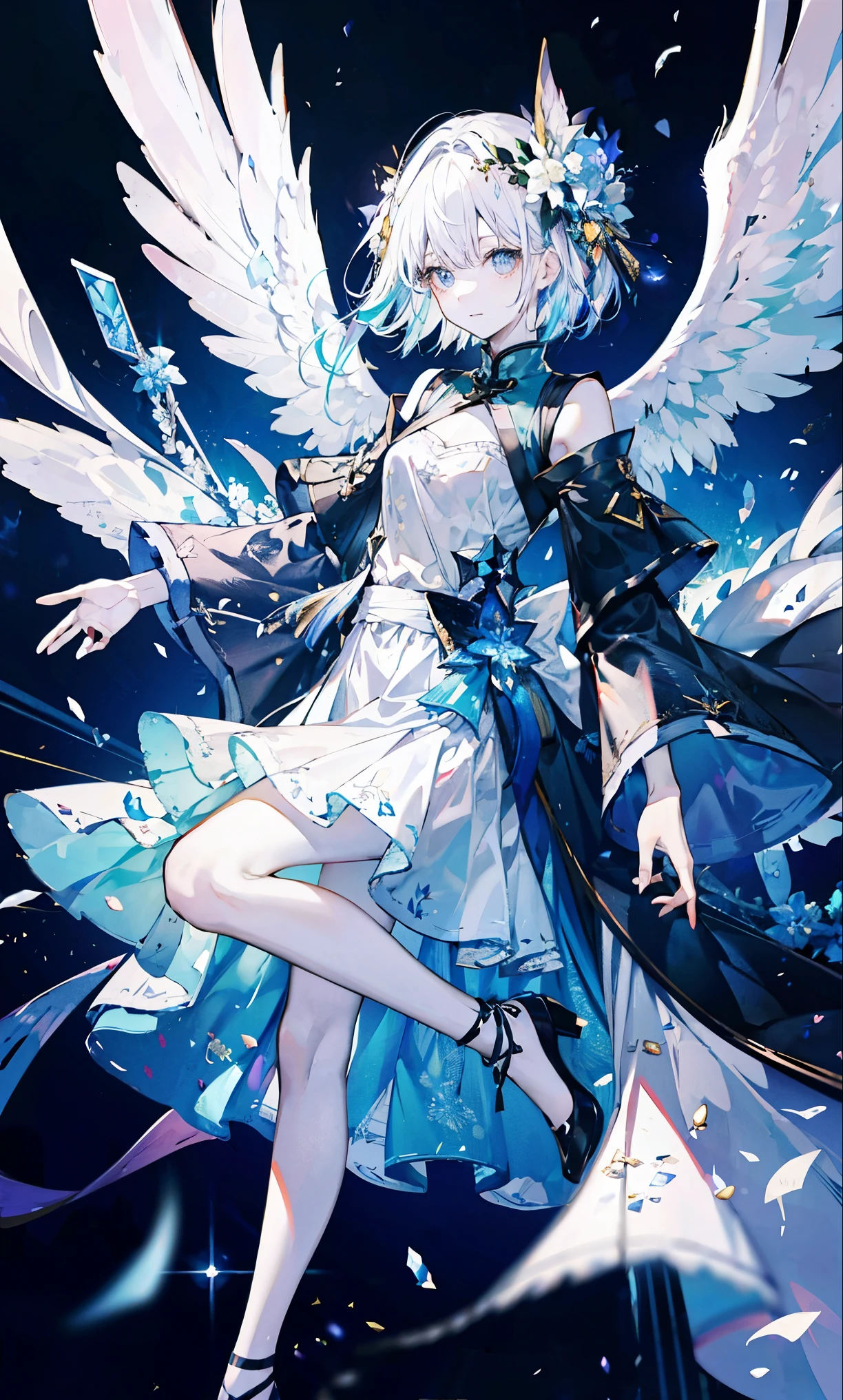 The angel is depicted with a pale and glowing cot has heterochromatic eyes.、Its skin seems to radiate an otherworldly glow。he、Symbol of divinity、Decorated with a pair of shining Fair wings。This scene is so wonderful.、它捕捉了這些天體的美麗和mystery。Angelic、pale、glow、color、shine、A rare treasure、Brilliance、shine、Fair、wingspan、sanctity、Fair、charming、beauty、mystery。