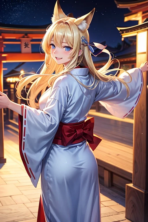 Long blonde young man　Not a woman　There are no tits　Kemomimi　Blue Eyes　White kimono　Fan in hand　Back view　Turning around　Smiling shyly　dancing with arms outstretched　Domestic　torii　night　darkness　unrealistic　Fox fire all around　