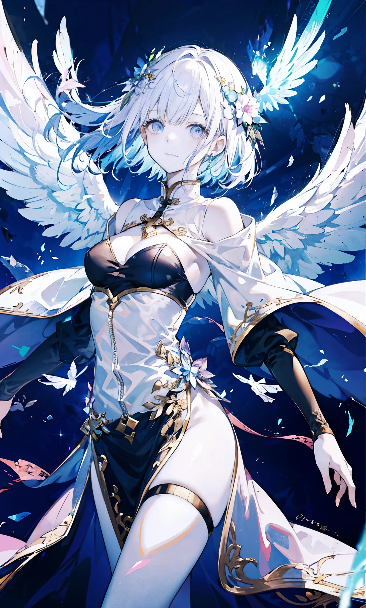 The angel is depicted with a pale and glowing cot has heterochromatic eyes.、Its skin seems to radiate an otherworldly glow。he、Symbol of divinity、Decorated with a pair of shining Fair wings。This scene is so wonderful.、它捕捉了這些天體的美麗和mystery。Angelic、pale、glow、color、shine、A rare treasure、Brilliance、shine、Fair、wingspan、sanctity、Fair、charming、beauty、mystery。