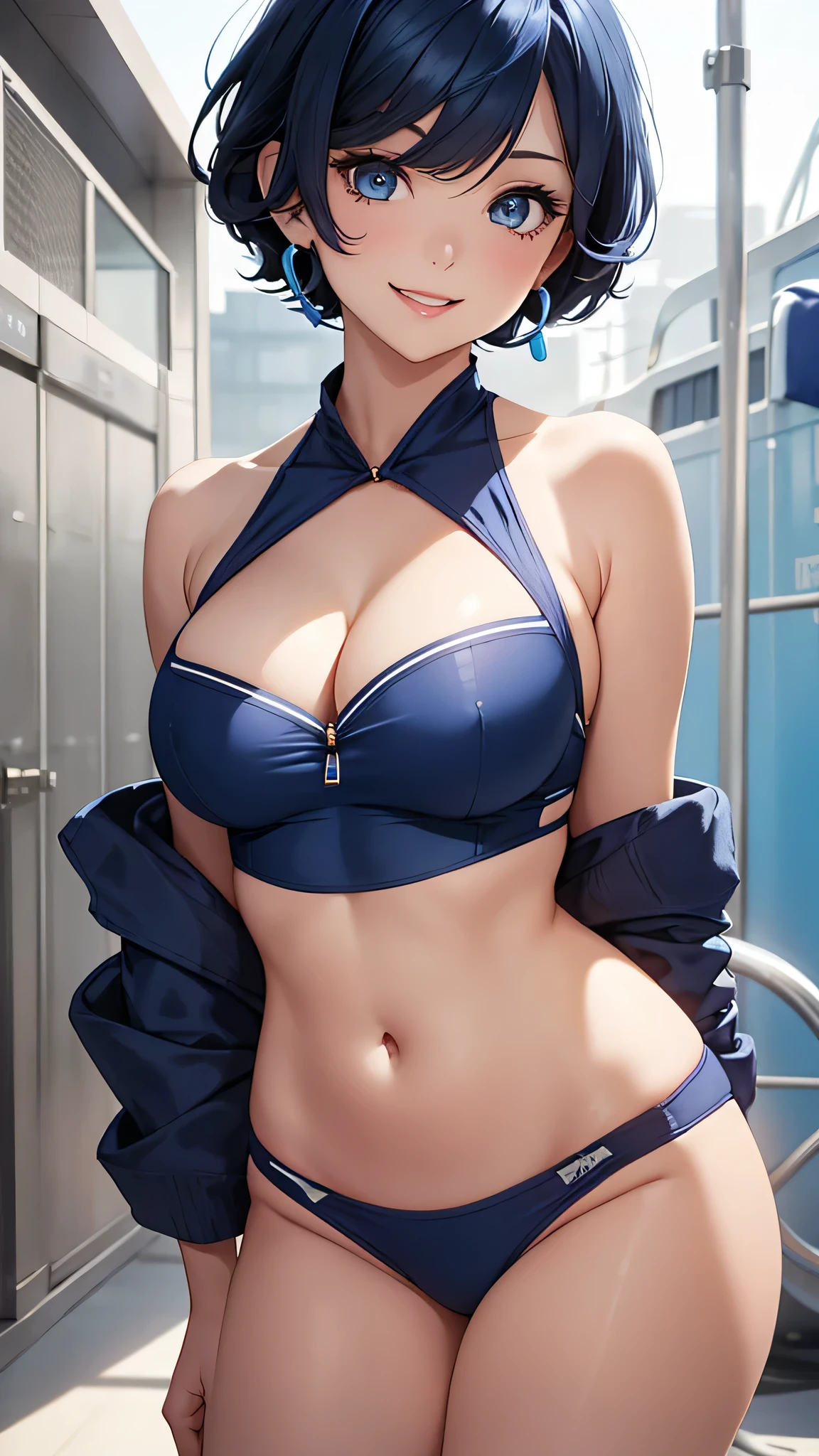 Beauty, Navy Blue Hair,short hair(Inward Curling Bob) ,blue eyes,Costume(Lifeguard), Large 、Blue Earrings、background(Boolean) 、Sexy posmile、Open your mouth wide