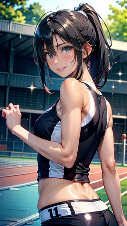 (((UHD)), ((highest quality)), ((masterpiece)), (Very detailed), (High resolution), (Beautiful detailed sparkle), (High detail), (Anatomically correct)), ((Realistic)), 8k, 1080P, 

(((One Woman))), 
(Symmetrical facial features:1.4, Perfect Face), Beautiful clavicle, (Beautiful fingers), (((Beautiful breasts, Slightly smaller chest))), 
Beautiful body, Beautiful thighs, Beautiful feet, Perfect round butt, (((Detailed skin, Textured skin, shiny tanned black skin:1.4))), 

(Baby Face, cute, 18-year-old), 
(Expression of fine eyes, Beautiful and delicate eyes, Sparkling eyes, twinkle in the eyes, blue eyes), 
(Beautiful Nose,Thin Nose), 
(Glossy Lips, Beautiful Lips, thick lips), 

(Beautiful Hair, Shiny Hair, Shiny Hair), Hair fluttering, (((Black Hair, Ponytail Hair))), 
BREAK 

(赤のtrack and field uniform:1.4)、
BREAK 

(Enchanting、smile、Embarrassed expression、Blushing), 
(Character Focus, Cowboy Shot, (turn around:1.2)),  

BREAK 
((noon、Grounds bathed in sunlight)), 

