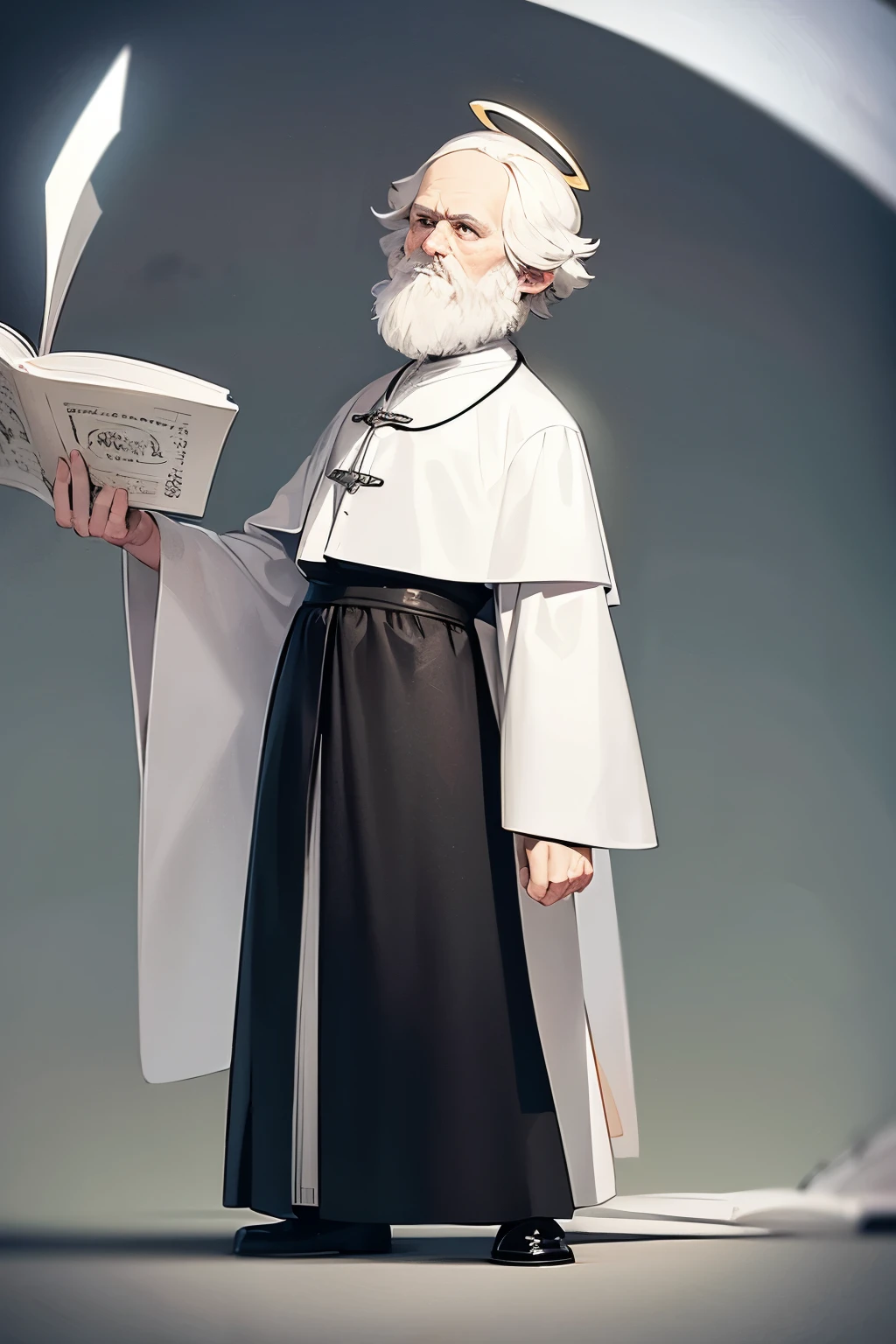 Charles Darwin, apostle, white cassock, halo above his head, cartoon style, full-length, bible in hand