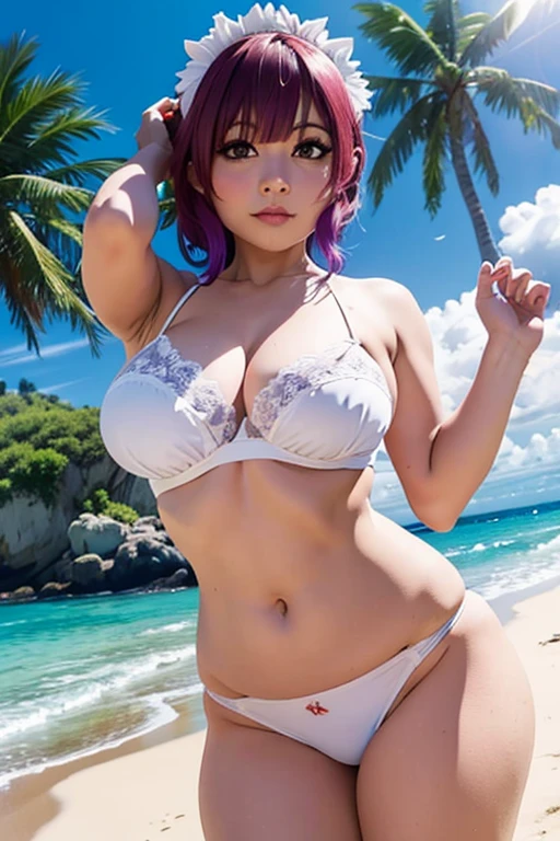 Chica de cabello rosa, coletas, ojos azules piel blanca , cara hermosa y detallada, cuernos de dragon, cuerpo esbelto ,grandes Oppias, ((Ilulu, kobayashi san chi no maid dragon)) modeling tiny thongs and tiny bra , ,mirada seductora al espectador, muslos gruesos y con un fondo de playa con palmeras sol mar y cielo azul