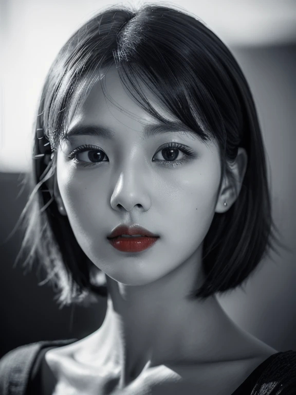 Masterpiece, Best Quality, Photorealsitic, Ultra-detailed, finely detail, high resolution, 8k wallpaper, Professional, high level of detail, ((monochrome photo)), 1girl in, ((Facing the front)), ((Only lips are in Red)), Detailed clavicle, face perfect, five moles in face, straight hair, (look straight at a camera)