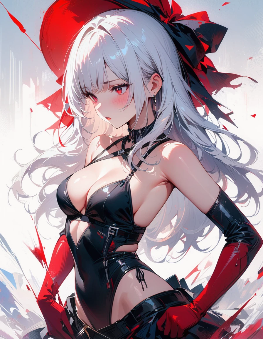 ((sfw)), masterpiece, best quality, 8K, Digital painting, 1 girl, solo, stand up, youth, White hair, long white hair, red eyes, round pupils, blushing, One-piece bikini, tight one-piece bikini, highlight her graceful figure, wrap the whole body, Black bikini, Blood-red eyes, best quality, High resolution, Super detailed, Vivid textures, tight bikini, Bangs, (cleavage), 