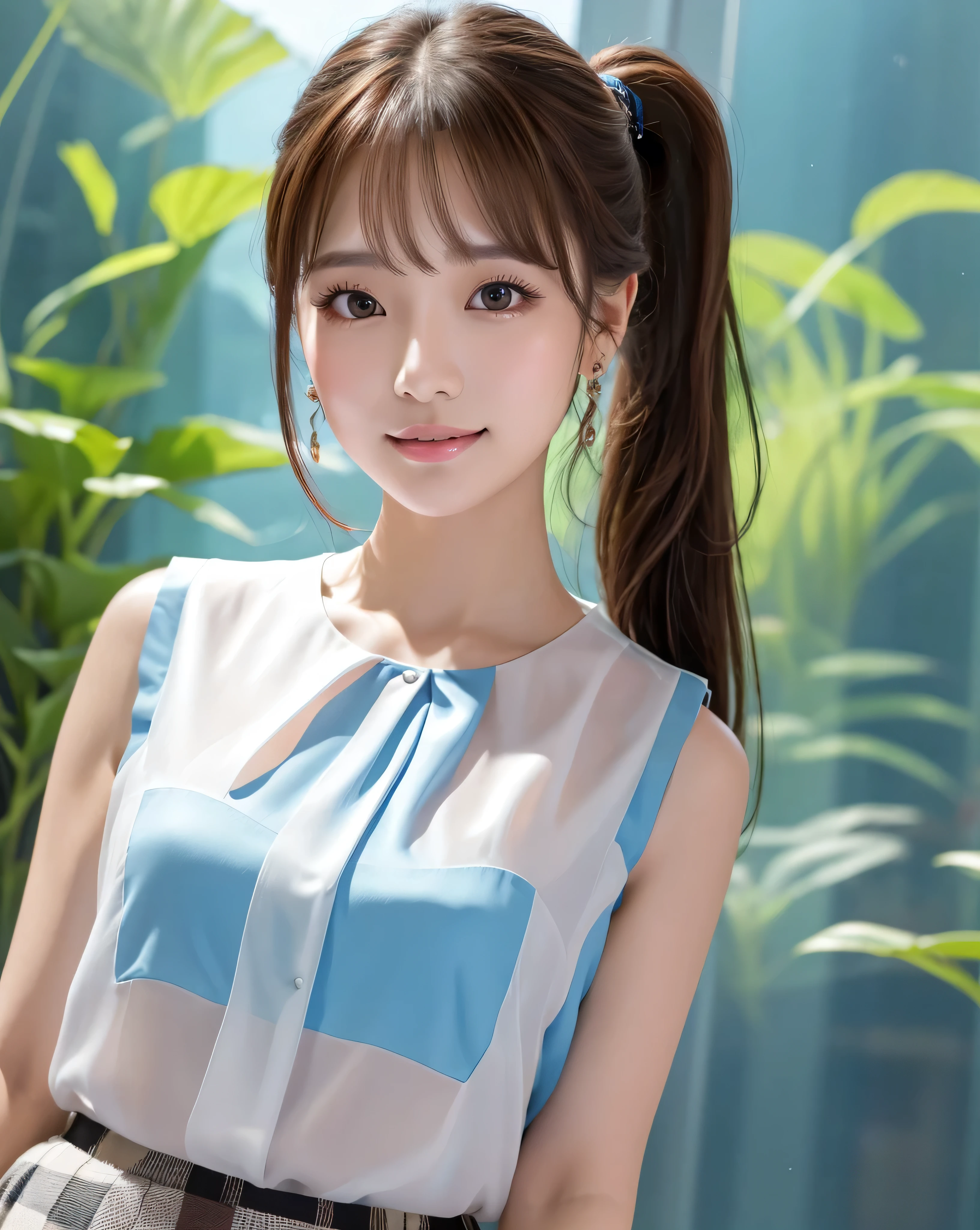 (highest quality, 32k, High resolution, Masterpiece:1.5, ), god々A photograph with brilliant dazzling and healing power., Evoking a sense of calm and elusive beauty, Expressing emotions, Have a rich imagination, Beautiful Japanese Girls, An exceptionally beautiful face, Perfect Human Anatomy, Magical big eyes, fleeting smile, Motherhood and generosity, Shiny brown hair:1.3, ((Beautiful ponytail)), Asymmetrical bangs, Hair between the eyes, Transparent, soft white skin, Neat, thin eyebrows, double eyelid, Natural Makeup, Cheek highlighter, Pale pink detailed lips, ((Sleeveless blouse:1.4)), Checkered pleated skirt, Panoramic aquarium tank, Colorful tropical fish, Slim figure with ample breasts, High resolutionの美しい太もも, Blue lighting, Professional Lighting, Professional photographer, Professional models, God&#39;s Secret