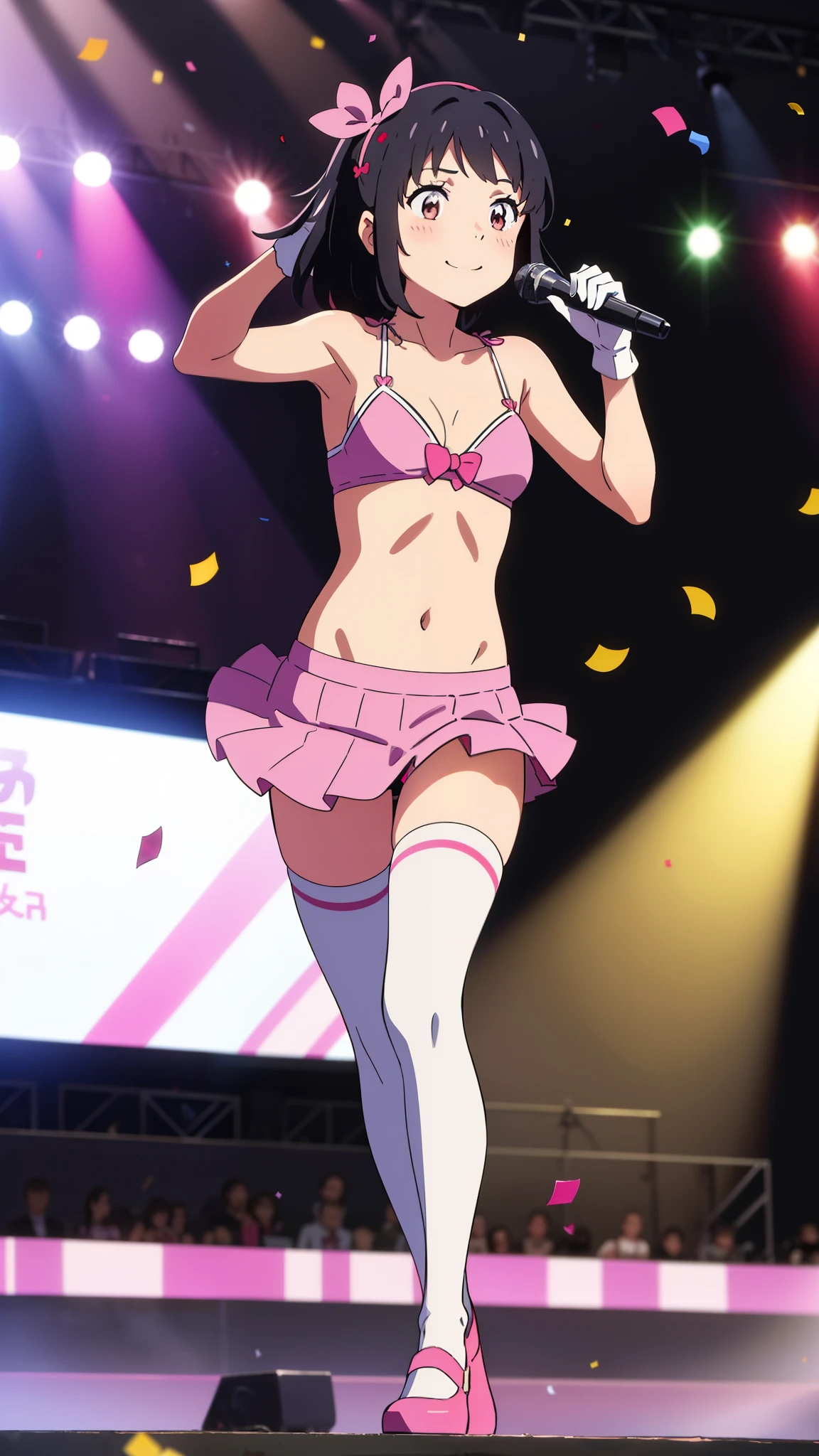shinkai makoto, kimi no na wa., 1girl, bangs, black hair, blush, brown eyes, idol, collarbone, red headband, red ribbon, bow hair ornaments, pink bikini, pink skirt, short skirt, bare shoulders, black thighhighs, white gloves, pink arm strap, short hair, smile, cute, solo, singing, concert, dynamic pose, outdoors, Background stage, Performance stage background, confetti