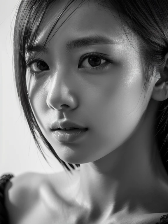 Masterpiece, Best Quality, Photorealsitic, Ultra-detailed, finely detail, high resolution, 8k wallpaper, Professional, high level of detail, ((monochrome photo)), 1girl in, ((Facing the front)), ((Only lips are in Red)), Detailed clavicle, face perfect, five moles in face, straight hair, (look straight at a camera)