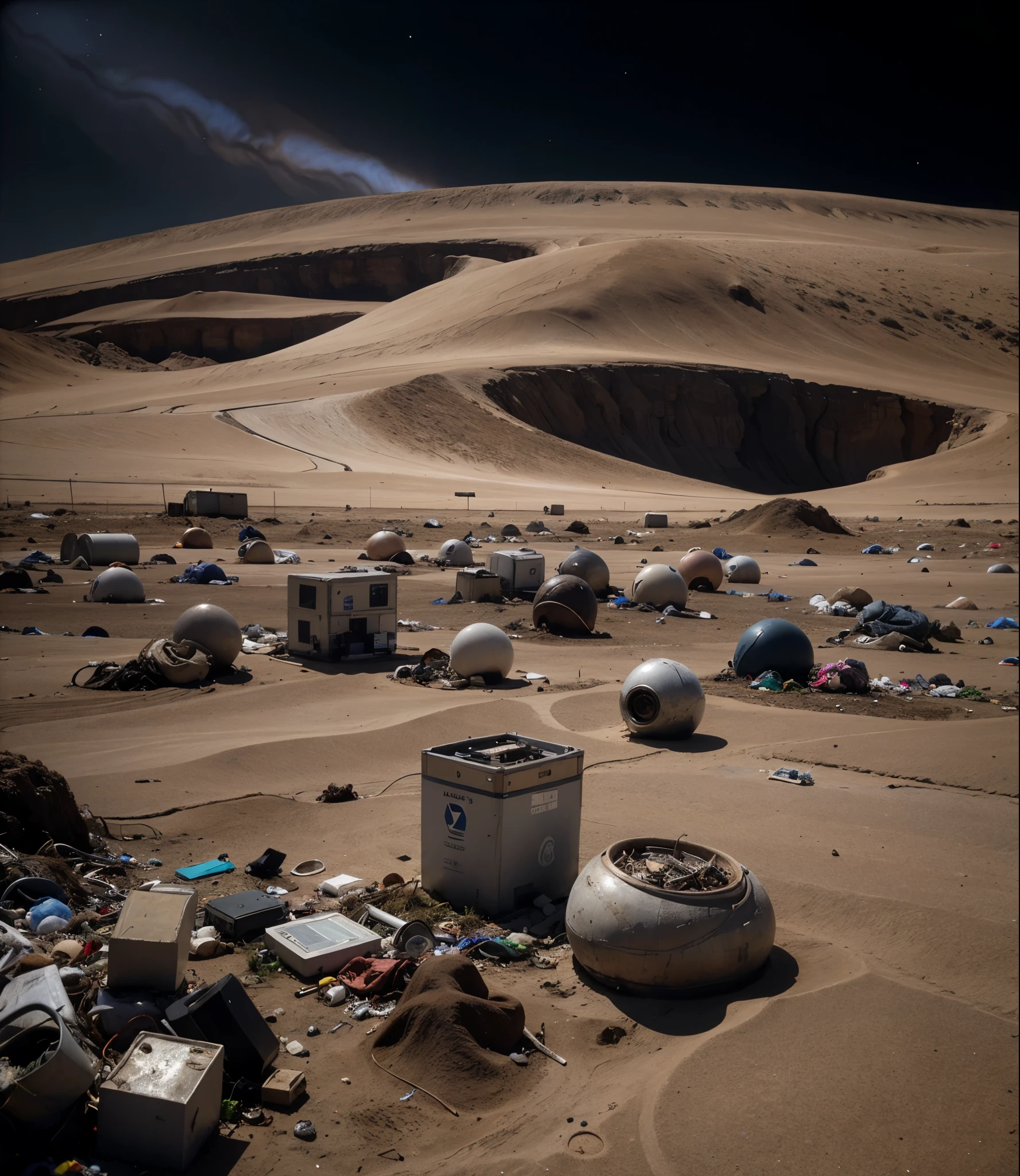Draw an image depicting electronic waste scattered on Jupiter's surface, with humans visible around, using the planet as a dumping ground for garbage. In the scene, we see a desolate and surreal landscape, with heaps of obsolete electronic equipment such as old computers, broken televisions, discarded smartphones, and other abandoned technological devices.
The electronic waste forms disorderly piles, creating a disturbing view of human influence in the universe. Among the heaps of garbage, we can see human figures wearing spacesuits, carrying more electronic waste to discard. Their facial expressions show disinterest and indifference, reflecting a careless attitude towards waste disposal.
Jupiter's surface is depicted as an arid, rocky terrain, with shades of orange and brown. On the distant horizon, we see the vastness of the gas giant, with its swirling cloud bands and the Great Red Spot visible in the distance. The atmosphere is charged with a sense of desolation and waste, highlighting the ecological and ethical dangers of using Jupiter as an interplanetary dumping ground.