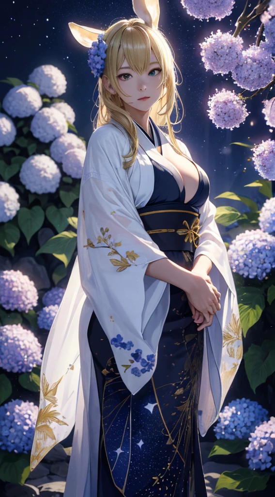 masterpiece, high quality, 4K, Beautiful design, silhouette,blonde, 非常に詳細な夜のStarry Sky,Hydrangea flower garden, wonderful, Finer details, Very knowledgeable woman, Highly detailed solo, 1 female,Bunny ears,Big Breasts,White kimono,Night view,Starry Sky,full moon,