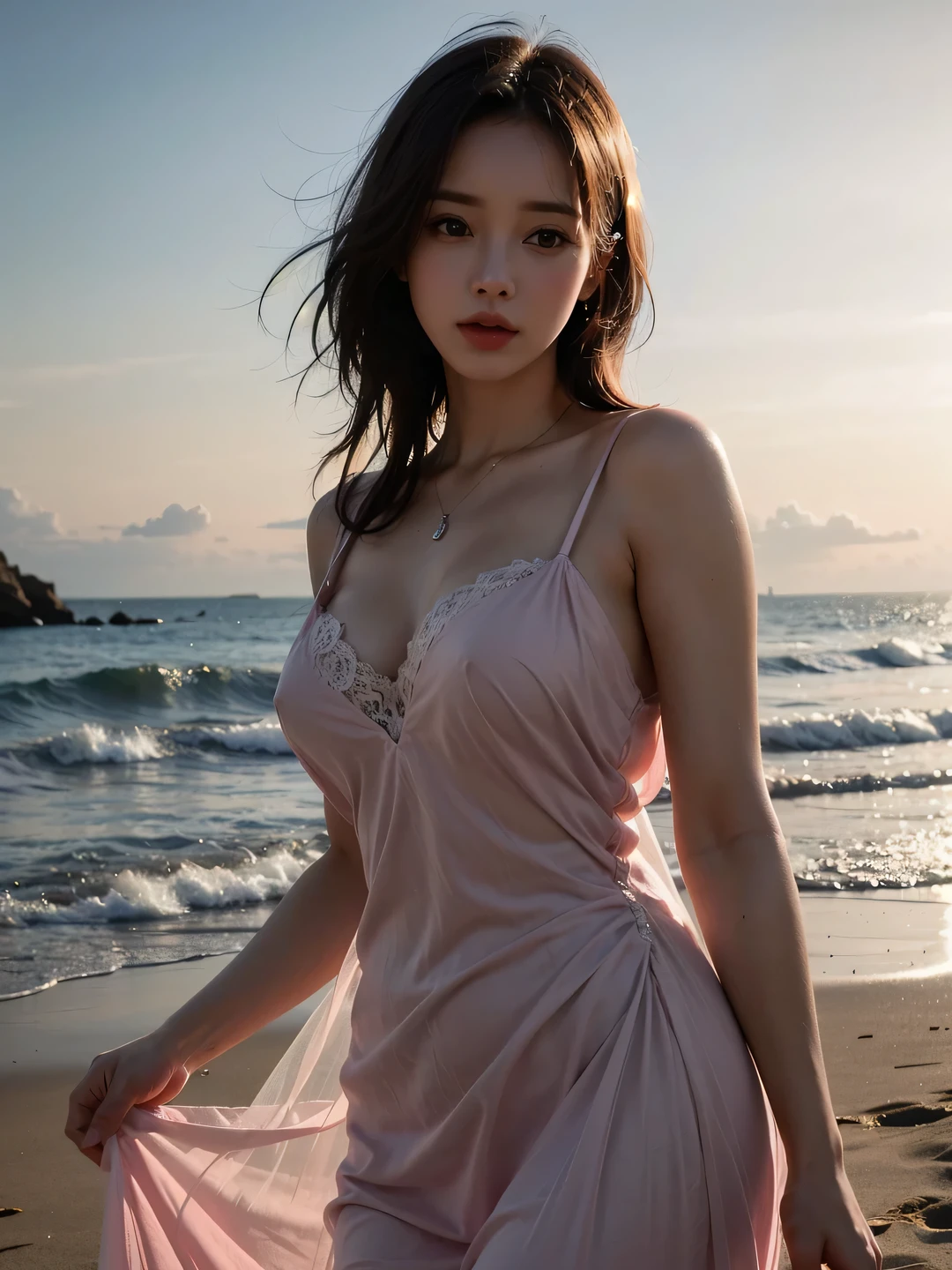 1girl, (looking at viewer:1.2), detail face, (a girl standing, rending on cgsociety, Beach backdrop), romanticism, atmospheric, (RAW photo, best quality), (realistic, photo-realistic:1.3), masterpiece, an extremely delicate and beautiful, extremely detailed, D cup,Half-length photo,(Wearing a translucent pink tulle dress1.5)