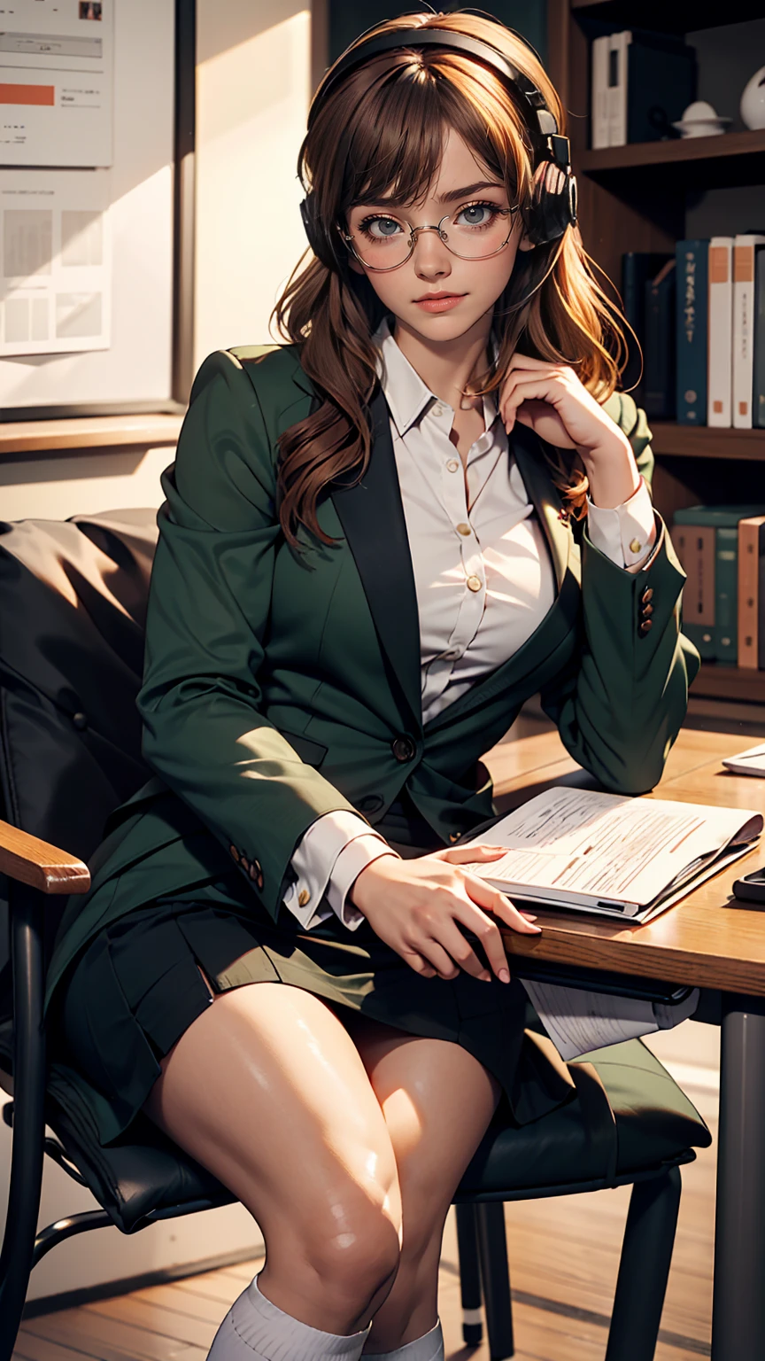 A woman is sitting in a chair with a laptop, 厳格な黒のWearing a business suit, sitting on the desk, In a strict suit, on the desk, Dressed in a strict suit, Japanese Goddess, Knee socks and skirt, She sat at the desk, Sitting at the table, Sitting at a desk, Wearing a business suit, Elegant legs, Seductively facing forward, Crossing your legs, sakura futaba, Orange Hair, Blunt bangs, Purple eyes, Purple eyes, Glasses, White button-up shirt, Headphones, thick, Green jacket, Thick thighs