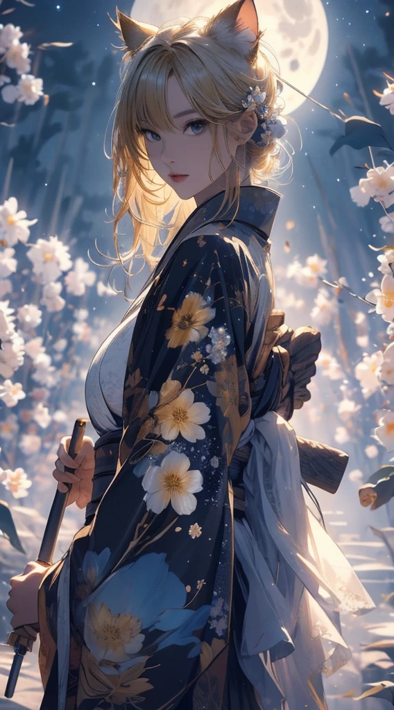 masterpiece, high quality, 4K, Beautiful design, silhouette，blonde， 非常に詳細な夜のStarry Sky,Flower Field， wonderful, Finer details,  Very knowledgeable woman, Highly detailed solo, 1 female,Cat ear，Big Breasts，kimono，Night view，Starry Sky，full moon，