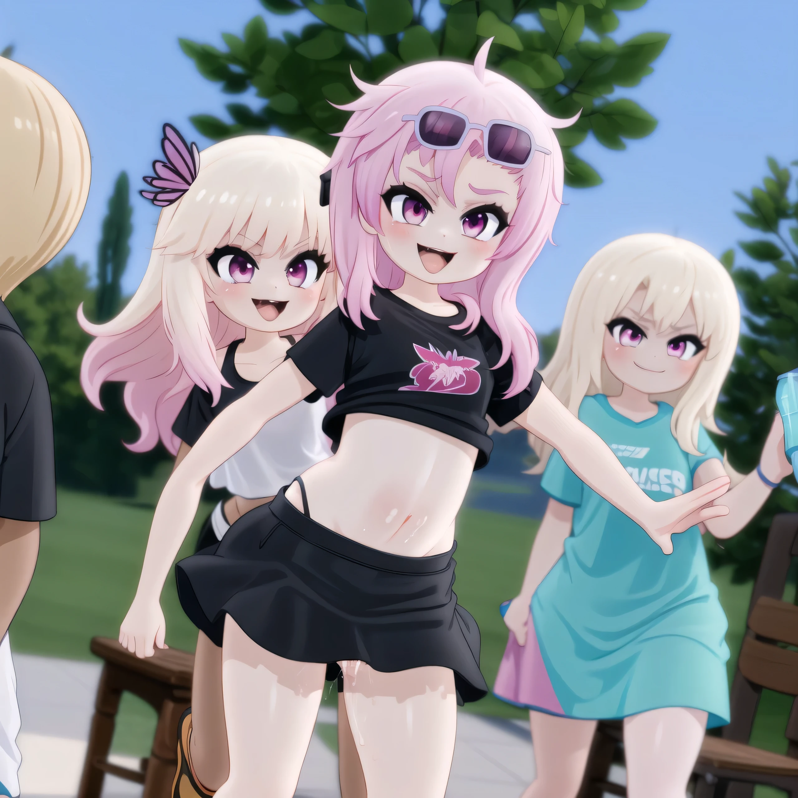 By mantis-x, young girls, black skirt, sports shirt, pussy juice, happy, stomach bulge, horny, sexy, pink hair, sunglasses, standing