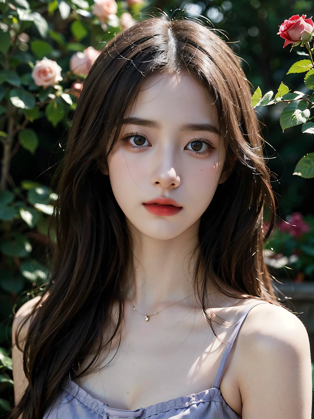 1girl, (looking at viewer:1.2), detail face, (a girl standing, rending on cgsociety, Rose bush backdrop), romanticism, atmospheric, (RAW photo, best quality), (realistic, photo-realistic:1.3), masterpiece, an extremely delicate and beautiful, extremely detailed, D cup,Cleavage,Translucent lavender tube top1.5)