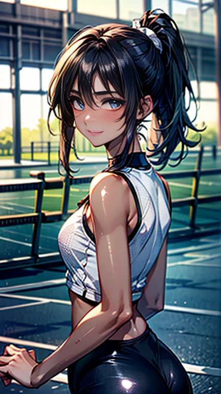 (((UHD)), ((highest quality)), ((masterpiece)), (Very detailed), (High resolution), (Beautiful detailed sparkle), (High detail), (Anatomically correct)), ((Realistic)), 8k, 1080P, 

(((One Woman))), 
(Symmetrical facial features:1.4, Perfect Face), Beautiful clavicle, (Beautiful fingers), (((Beautiful breasts, Slightly smaller chest))), 
Beautiful body, Beautiful thighs, Beautiful feet, Perfect round butt, (((Detailed skin, Textured skin, shiny tanned black skin:1.4))), 

(Baby Face, cute, 18-year-old), 
(Expression of fine eyes, Beautiful and delicate eyes, Sparkling eyes, twinkle in the eyes, blue eyes), 
(Beautiful Nose,Thin Nose), 
(Glossy Lips, Beautiful Lips, thick lips), 

(Beautiful Hair, Shiny Hair, Shiny Hair), Hair fluttering, (((Black Hair, Ponytail Hair))), 

(赤のtrack and field uniform:1.4)、
BREAK 

(Enchanting、smile、Embarrassed expression、Blushing), 
(Character Focus, Cowboy Shot, (turn around:1.2)),  

BREAK 
((noon、Grounds bathed in sunlight)), 

