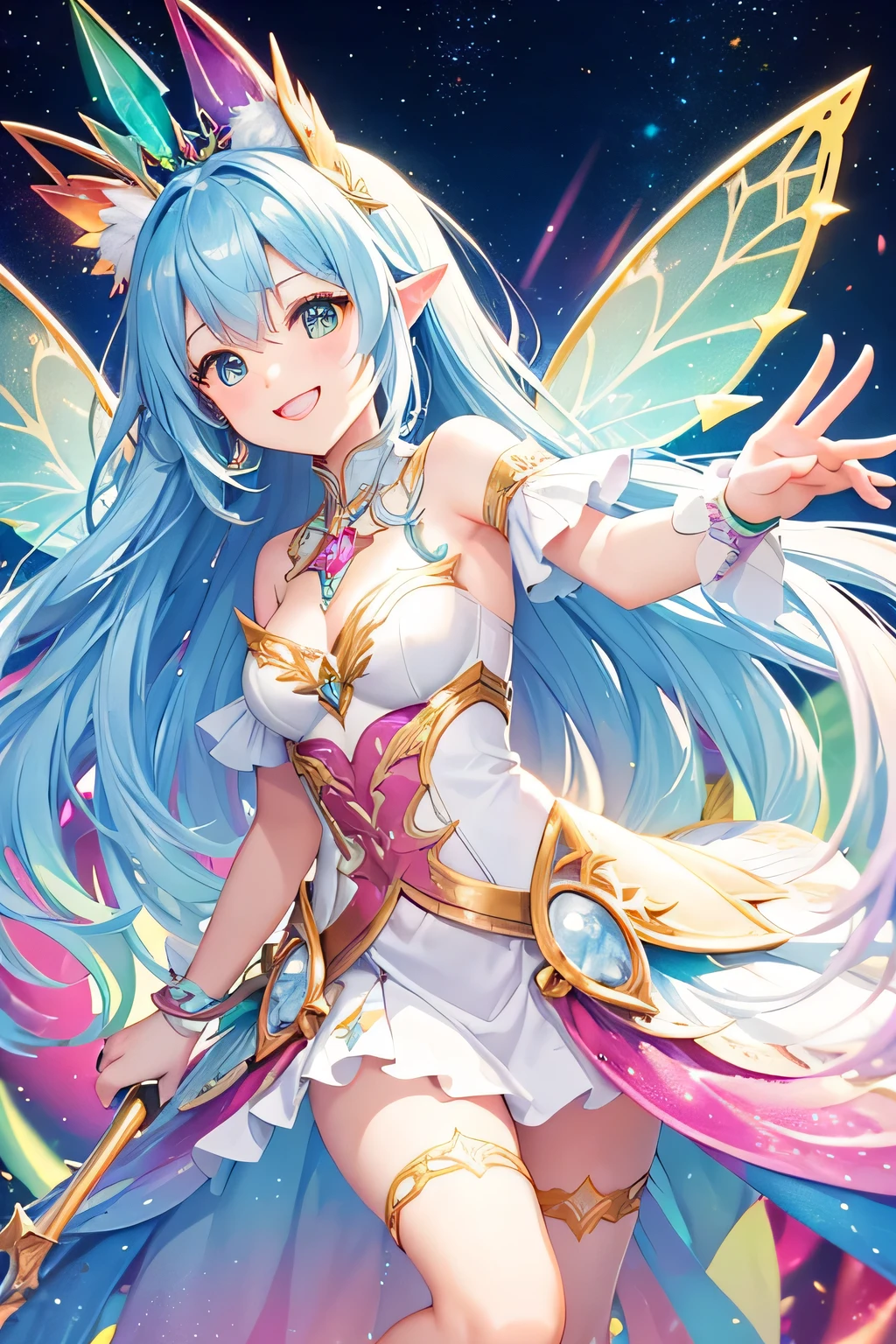highest quality, 8k, Very detailed, Rainbow colored blurry fairy, break , Watercolor style background with gear shapes in vibrant rainbow colors、smile
