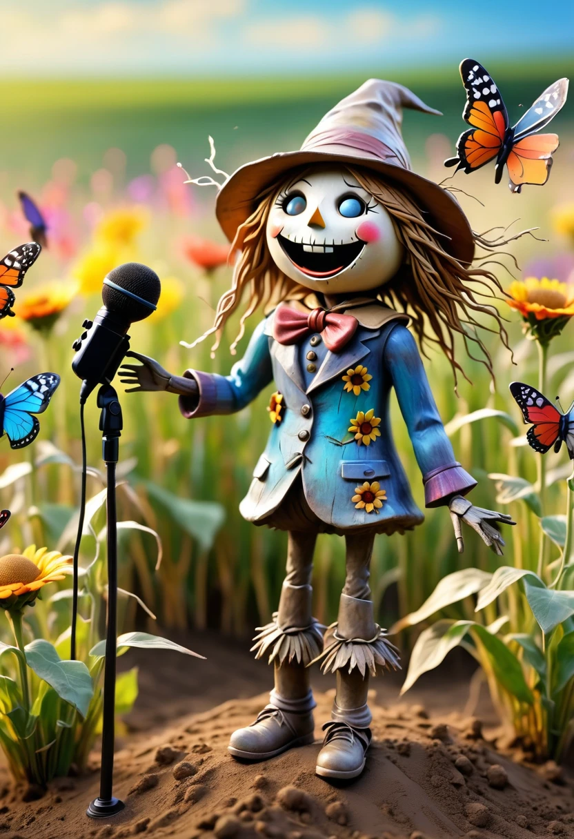 (best quality:1.2),ultra-light Clay, Clay, Pottery,  distressed, dirty, mineral pigments, 3D Clay sculpture art, Clay sculpture, Rough surface, (artwork，Several singing scarecrows in the field。Hold the microphone，Long legs，Interesting concept art,)，Colorful butterflies flying in the sky,Bokeh，Gentle and beautiful pictures