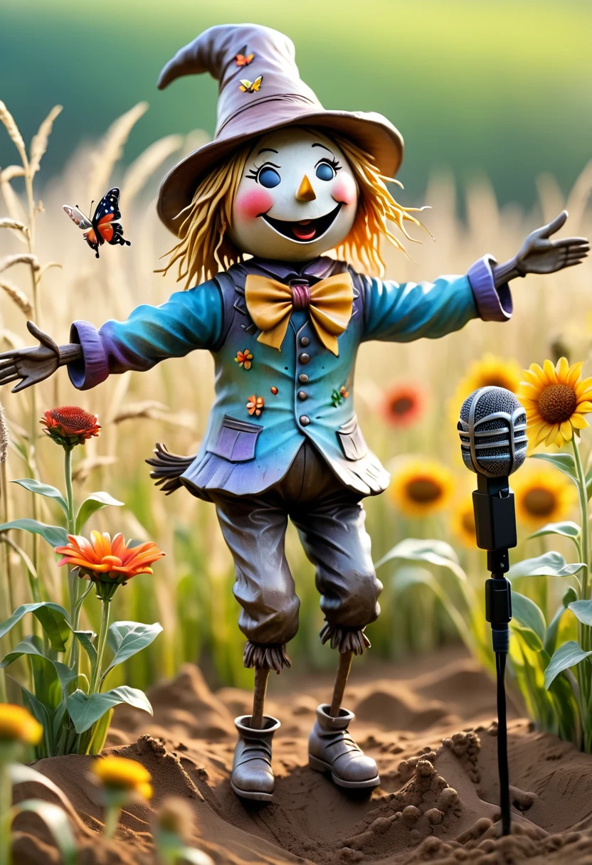 (best quality:1.2),ultra-light Clay, Clay, Pottery,  distressed, dirty, mineral pigments, 3D Clay sculpture art, Clay sculpture, Rough surface, (artwork，Several singing scarecrows in the field。Hold the microphone，Long legs，Interesting concept art,)，Colorful butterflies flying in the sky,Bokeh，Gentle and beautiful pictures