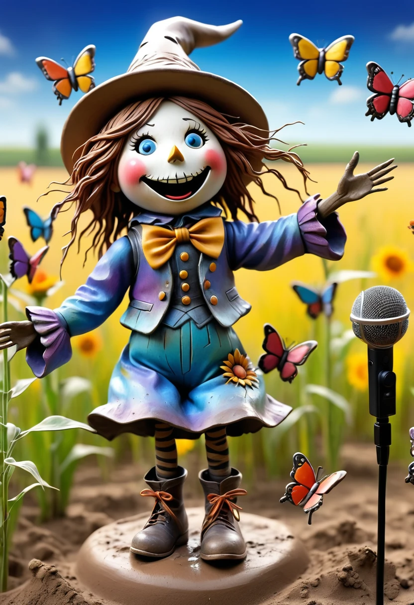 (best quality:1.2),ultra-light Clay, Clay, Pottery,  distressed, dirty, mineral pigments, 3D Clay sculpture art, Clay sculpture, Rough surface, (artwork，Several singing scarecrows in the field。Hold the microphone，Long legs，Interesting concept art,)，Colorful butterflies flying in the sky,Bokeh，Gentle and beautiful pictures