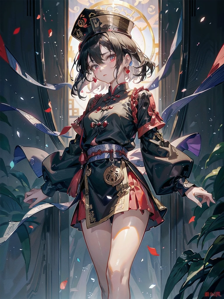 cemetery, dress, braid, chinese clothes, headwear, ofuda, jiangshi, qing guanmao, absurdres, RAW photo, extremely delicate and beautiful, masterpiece, Best Quality, ultra high resolution, 32k, hyperrealistic, ultra-detailed, detailed description, pale skin, 20 years old, tearful mole, earring, Colossal tits, short medium hair, wavy hair, whole body shot,