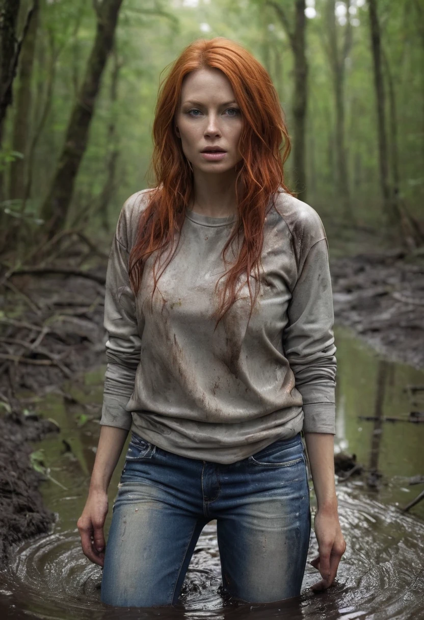 Hyper-realistic, ultradetailed, Raw, masterpiece. dark forest. 40-years-old woman is caught drowning in a quicksand sticky cement bog. The swamp sexually devours her body. ((on face: fright, depraved)). ((soaked muddy jeans)), (sweatshirt), shortness of breath, shameful, loses control of himself, ((Trapped in lust, defenseless)), Copper-red hair, sweat, hard breath